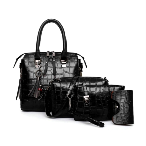 Handbags - Black 4 Piece Crocodile Pattern Purse Set